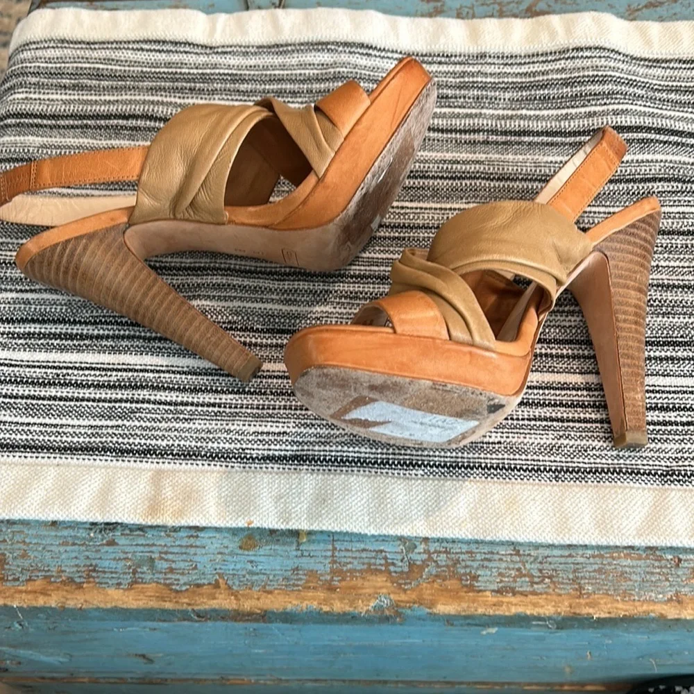 Coach Astor Platform Slingback Heels Tan Leather Strappy Sandals Size 8 - Picture 5 of 6
